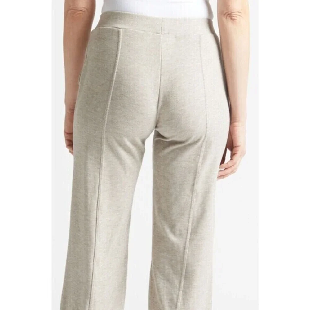 EVEREVE Womens L Beige Mini Rib Lounge Pants Sweatpants Pull-On Wide Leg Pockets